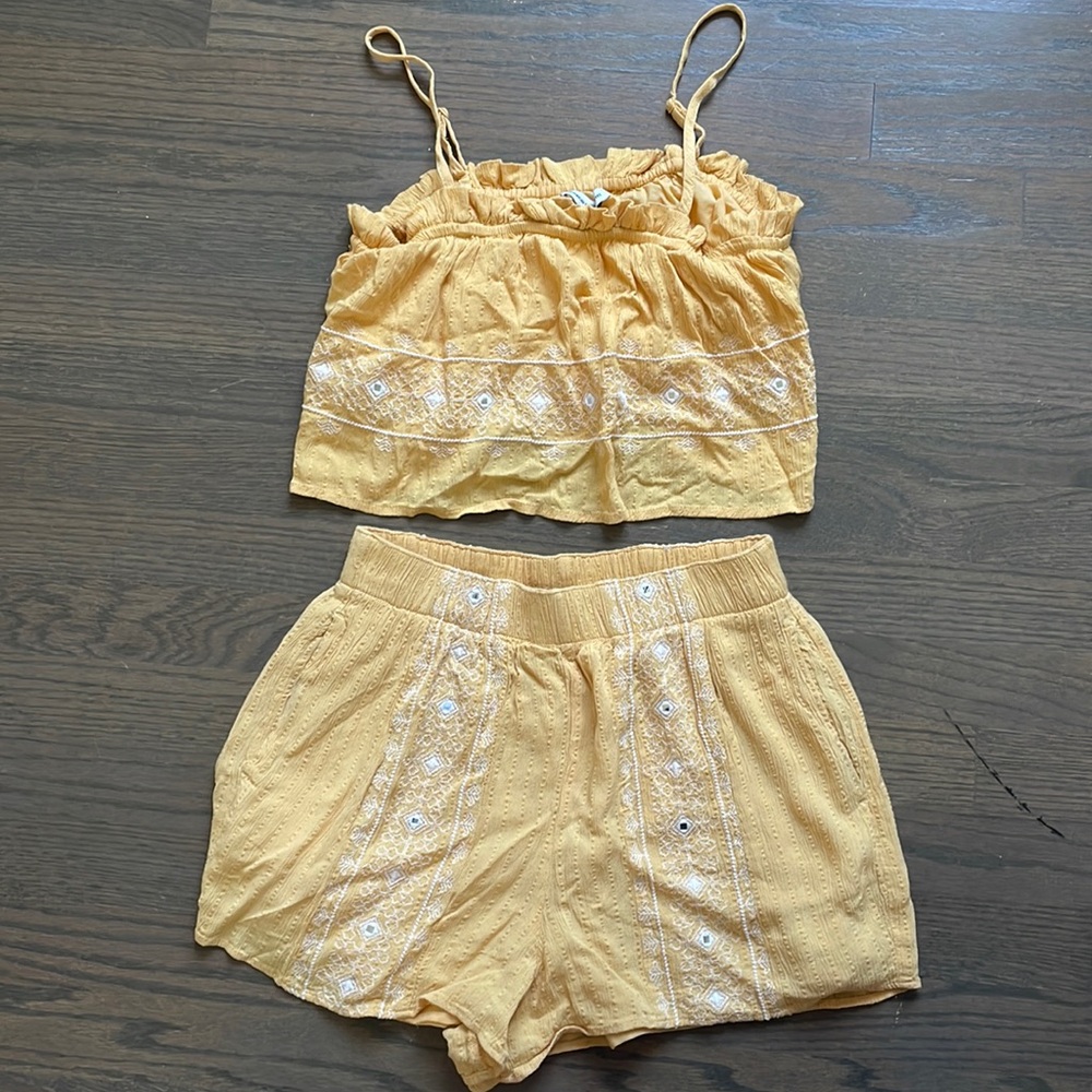 American Eagle | yellow sequin embroidered top and shorts set